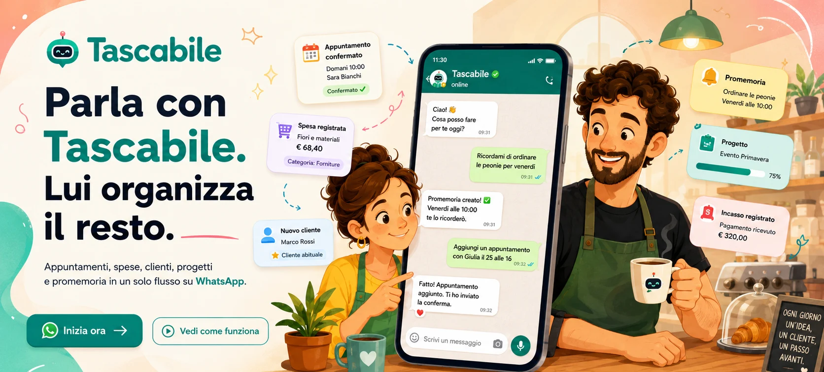 Parla con Tascabile. Lui organizza il resto. Lia e Teo al bancone del bar con la chat WhatsApp di Tascabile